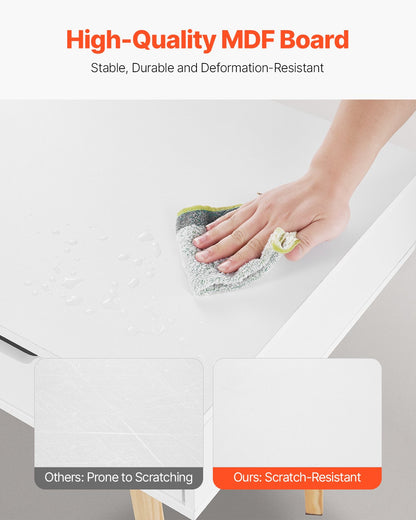 Small Desk with Drawers, Kids Desk for Bedroom, Wooden Simple Study Table for Drawing, Reading, Writing, Rectangle MDF Furniture Study Storage Table for Home, Office, White + Wood