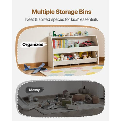 Leksaksförvaring, Träbokhylla för barn med förvaring, Leksaksskåp med 2 mobila lådor, Förvaringsorganisatör för barnrum, barnrum, vardagsrum, entré, förskola, vit |  EU