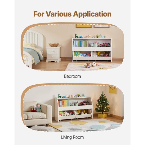 Leksaksförvaring, Träbokhylla för barn med förvaring, Leksaksskåp med 2 mobila lådor, Förvaringsorganisatör för barnrum, barnrum, vardagsrum, entré, förskola, vit |  EU