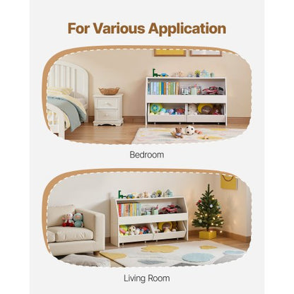 Leksaksförvaring, Träbokhylla för barn med förvaring, Leksaksskåp med 2 mobila lådor, Förvaringsorganisatör för barnrum, barnrum, vardagsrum, entré, förskola, vit |  EU