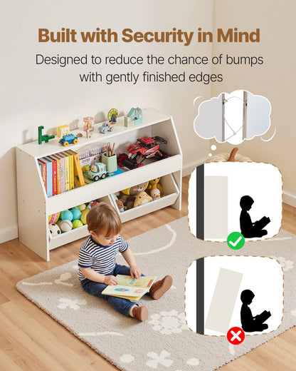 Toy Storage Organizer, Wooden Kids Bookshelf with Storage, Toy Storage Cabinet with 2 Mobile Drawers, Kids Storage Organizer for Bedroom, Nursery, Living Room, Entryway, Preschool, White