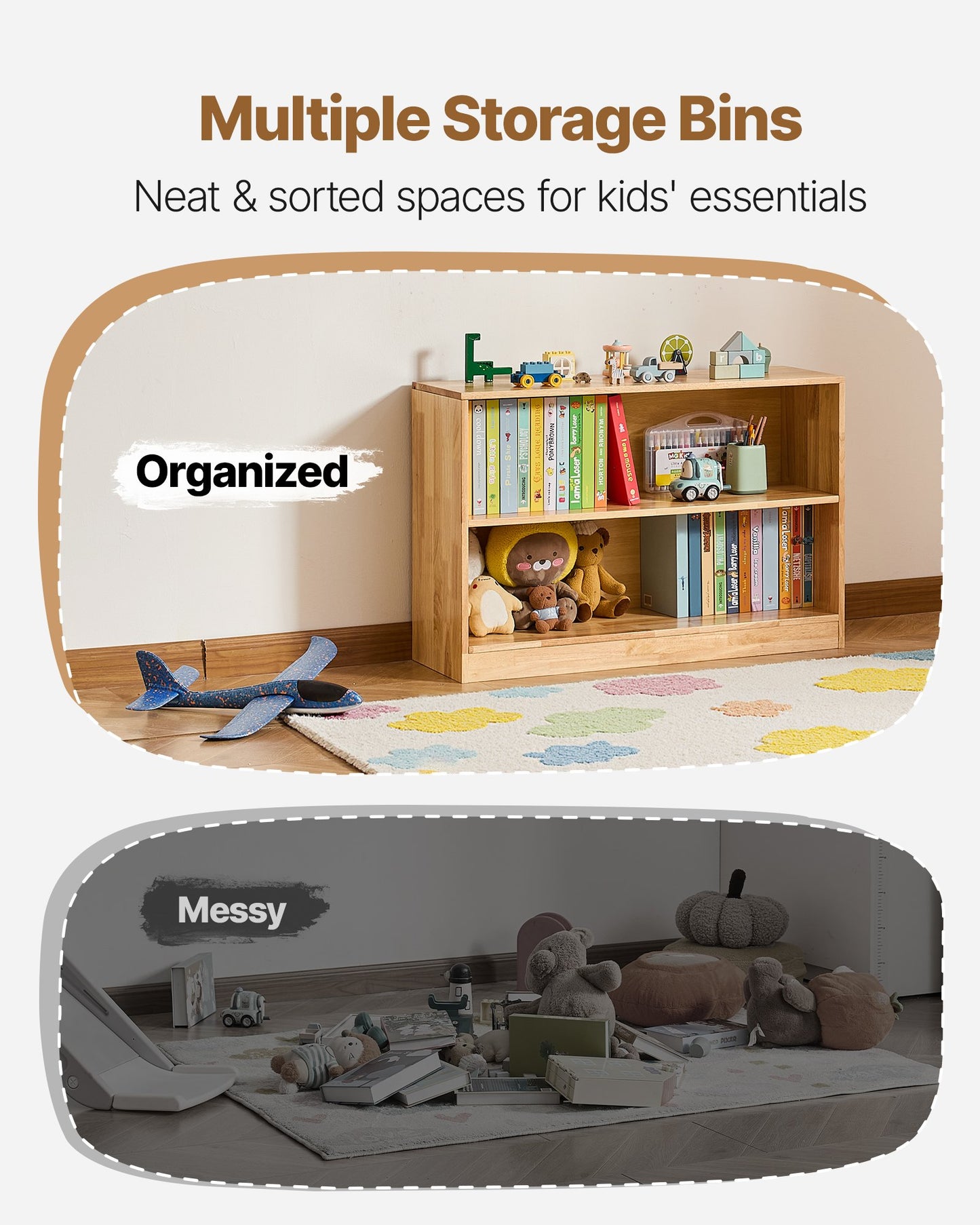 Montessori Bookshelf, 35.4 in Width Toy Storage Organizer, 2-Tier Kids Display Storage Cabinet, Daycare Furniture, Kids Bookshelf for Bedroom, Nursery, Living Room, Entryway, Preschool, Brown