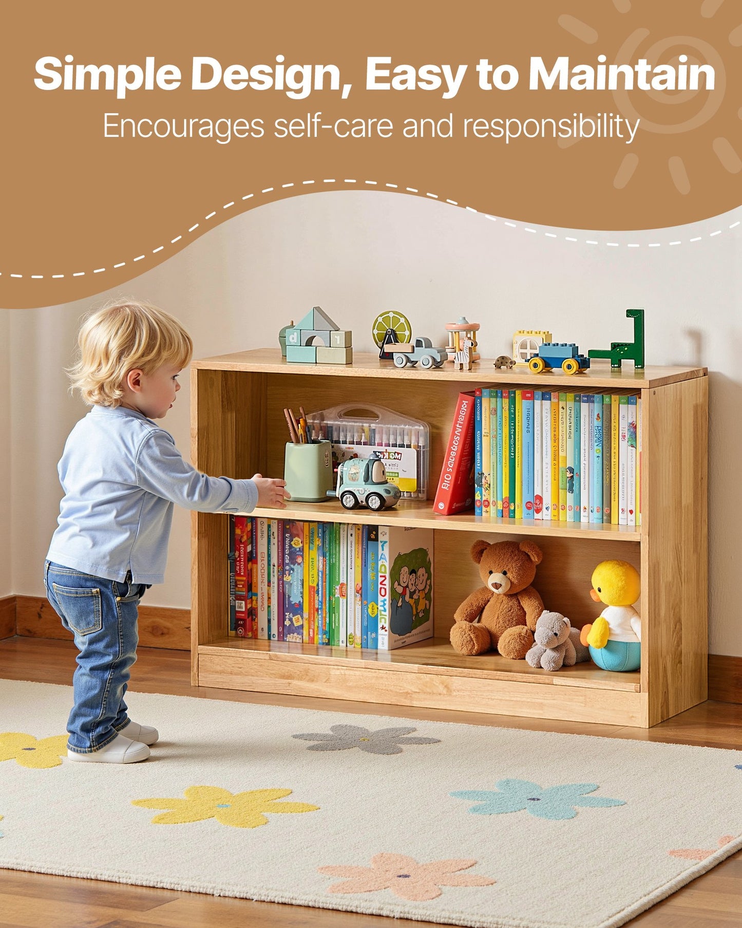 Montessori Bookshelf, 35.4 in Width Toy Storage Organizer, 2-Tier Kids Display Storage Cabinet, Daycare Furniture, Kids Bookshelf for Bedroom, Nursery, Living Room, Entryway, Preschool, Brown