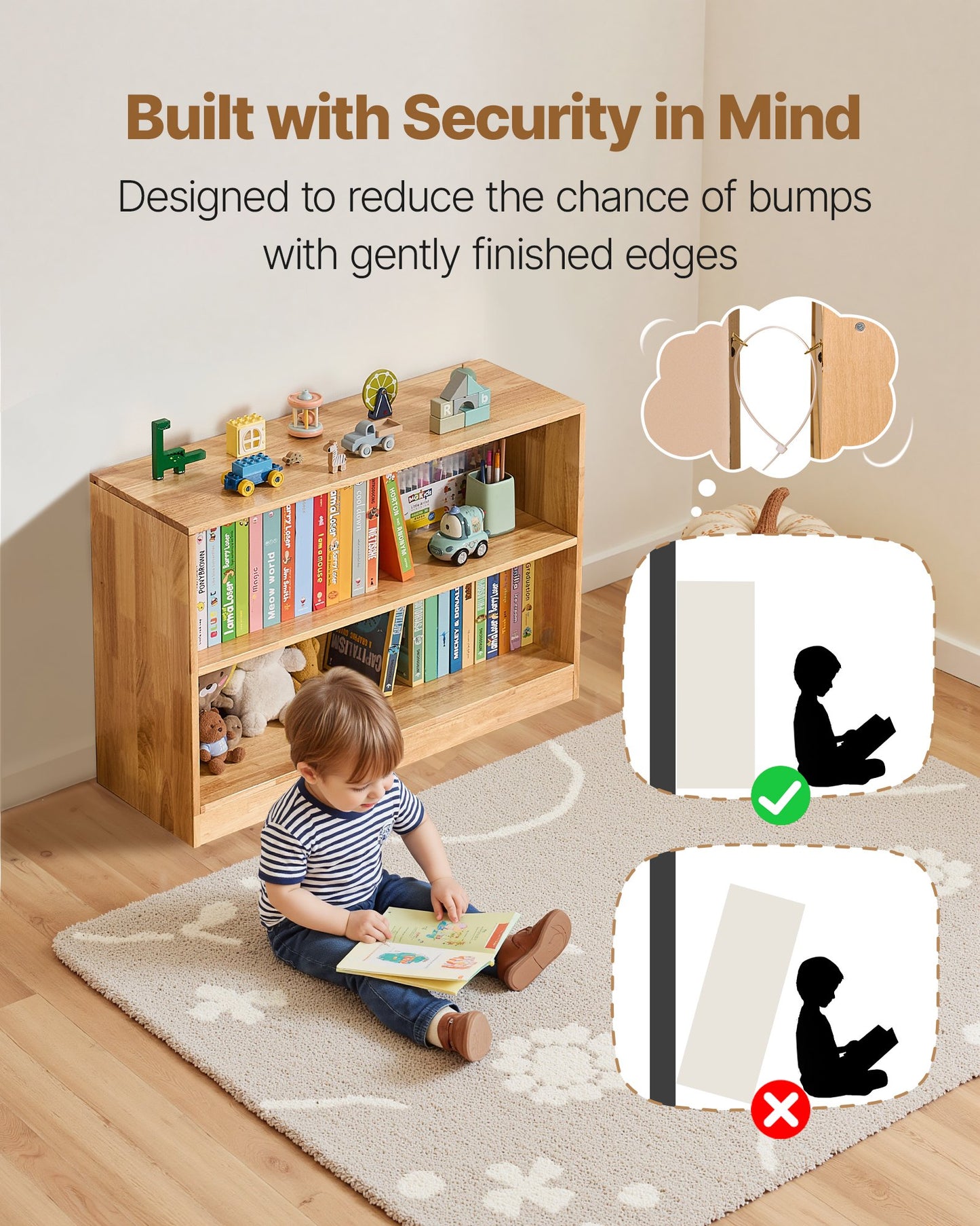 Montessori Bookshelf, 35.4 in Width Toy Storage Organizer, 2-Tier Kids Display Storage Cabinet, Daycare Furniture, Kids Bookshelf for Bedroom, Nursery, Living Room, Entryway, Preschool, Brown
