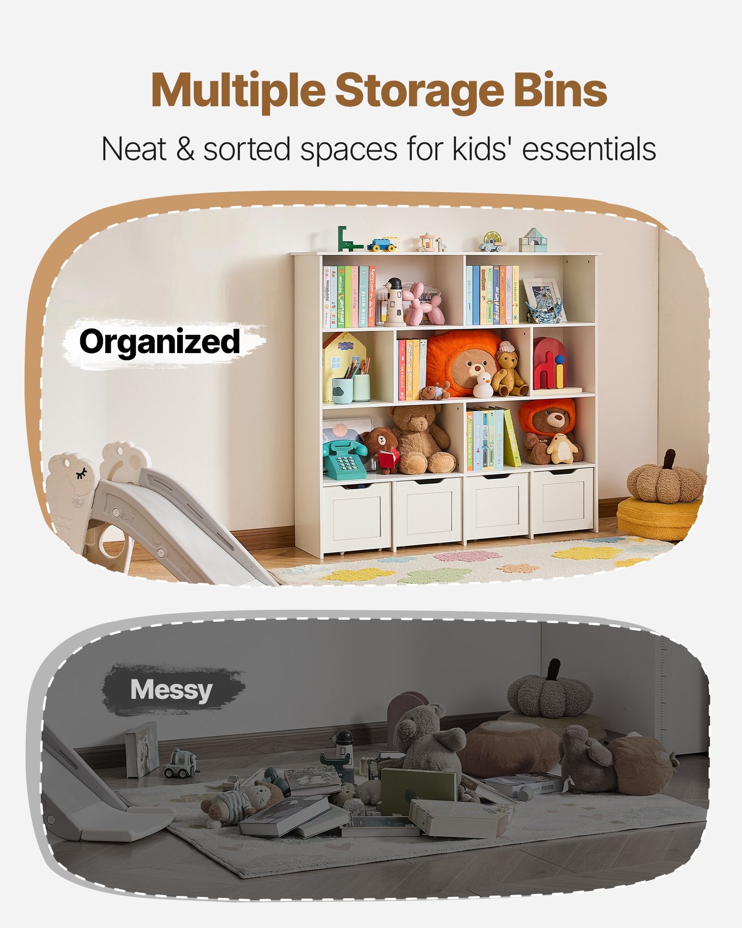 Toy Storage Organizer, Wooden Kids Bookshelf with Storage, Toy Storage Cabinet with 4 Mobile Drawers, Kids Storage Organizer for Bedroom, Nursery, Living Room, Entryway, Preschool, White