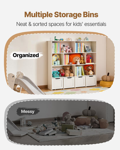 Toy Storage Organizer, Wooden Kids Bookshelf with Storage, Toy Storage Cabinet with 4 Mobile Drawers, Kids Storage Organizer for Bedroom, Nursery, Living Room, Entryway, Preschool, White