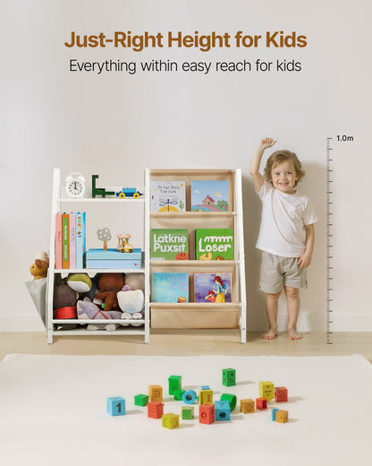 3-Tier Kids Bookshelf, Toy Storage Organizer for Toddler, Book Shelf for Kids Rooms with Sling Book Rack and Storage Bag, Kids Storage Book Shelves for Kids Room, Playroom, Kindergarten, Nursery