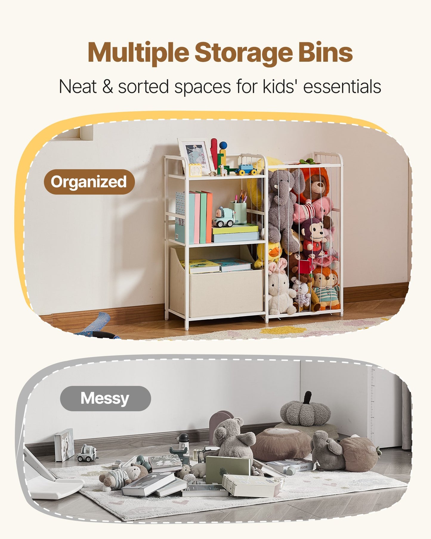 Kids Bookshelf and Stuffed Animal Storage, Toy Storage Organizer, 2-Tier Book Shelf with Fabric Toy Chest, Toy Storage for Kids Room, Living Room, Entryway, Nursury, Preschool, White