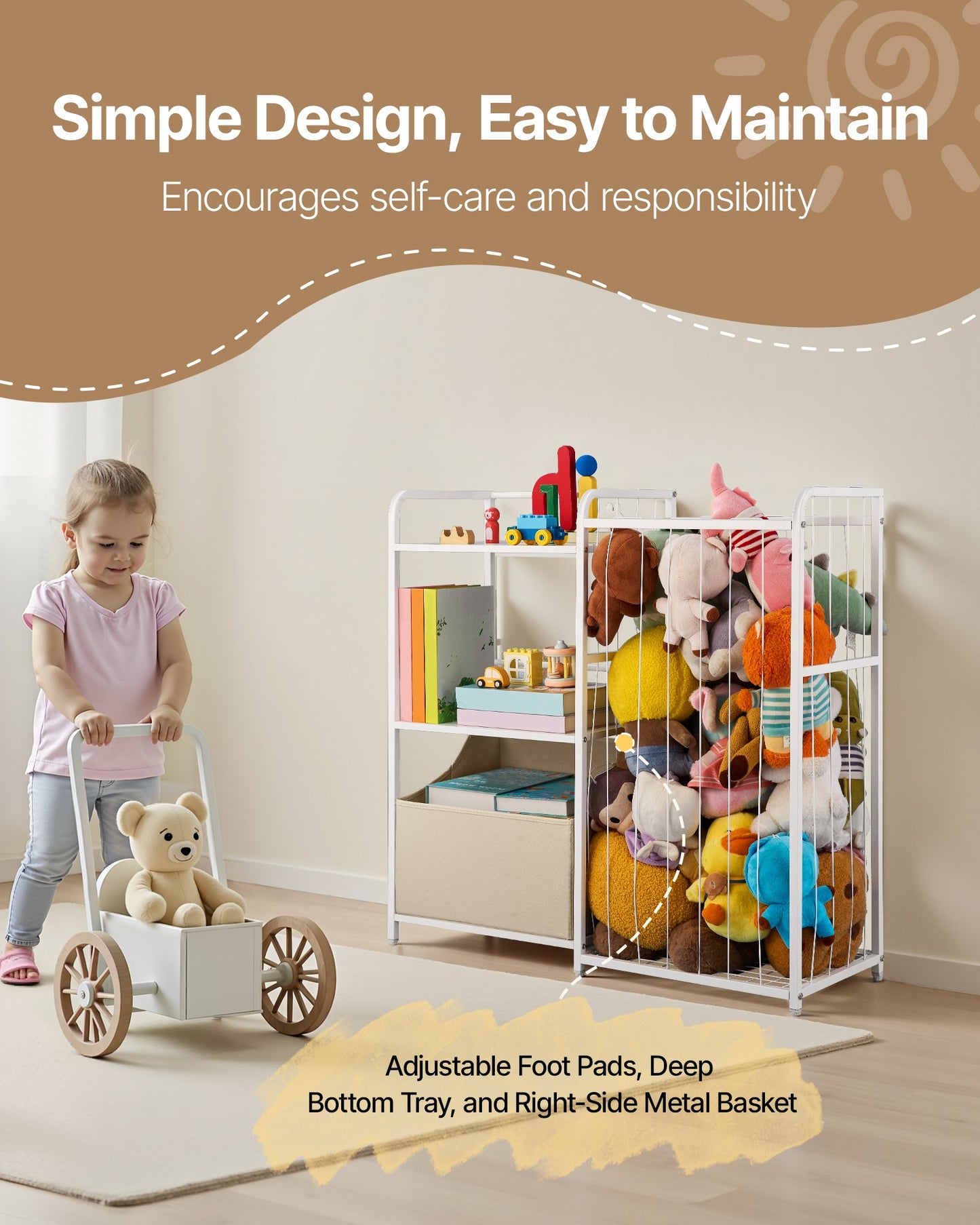 Kids Bookshelf and Stuffed Animal Storage, Toy Storage Organizer, 2-Tier Book Shelf with Fabric Toy Chest, Toy Storage for Kids Room, Living Room, Entryway, Nursury, Preschool, White