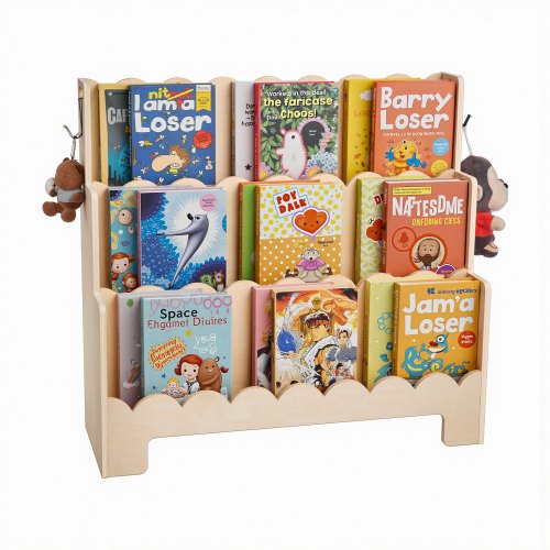 Montessori Bookshelf, 3-Tier Scalloped Kids Bookshelf, Front Facing Toddler Bookcase, Dual Hooks for Hanging Backpacks, Baby Bookshelf for Kids Room, Living Room, Entryway, Nursury, Preschool