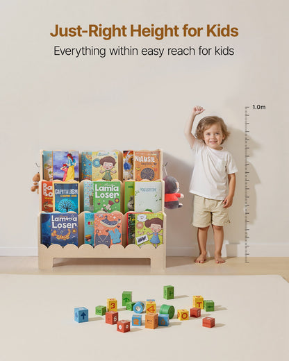 Montessori Bookshelf, 3-Tier Scalloped Kids Bookshelf, Front Facing Toddler Bookcase, Dual Hooks for Hanging Backpacks, Baby Bookshelf for Kids Room, Living Room, Entryway, Nursury, Preschool