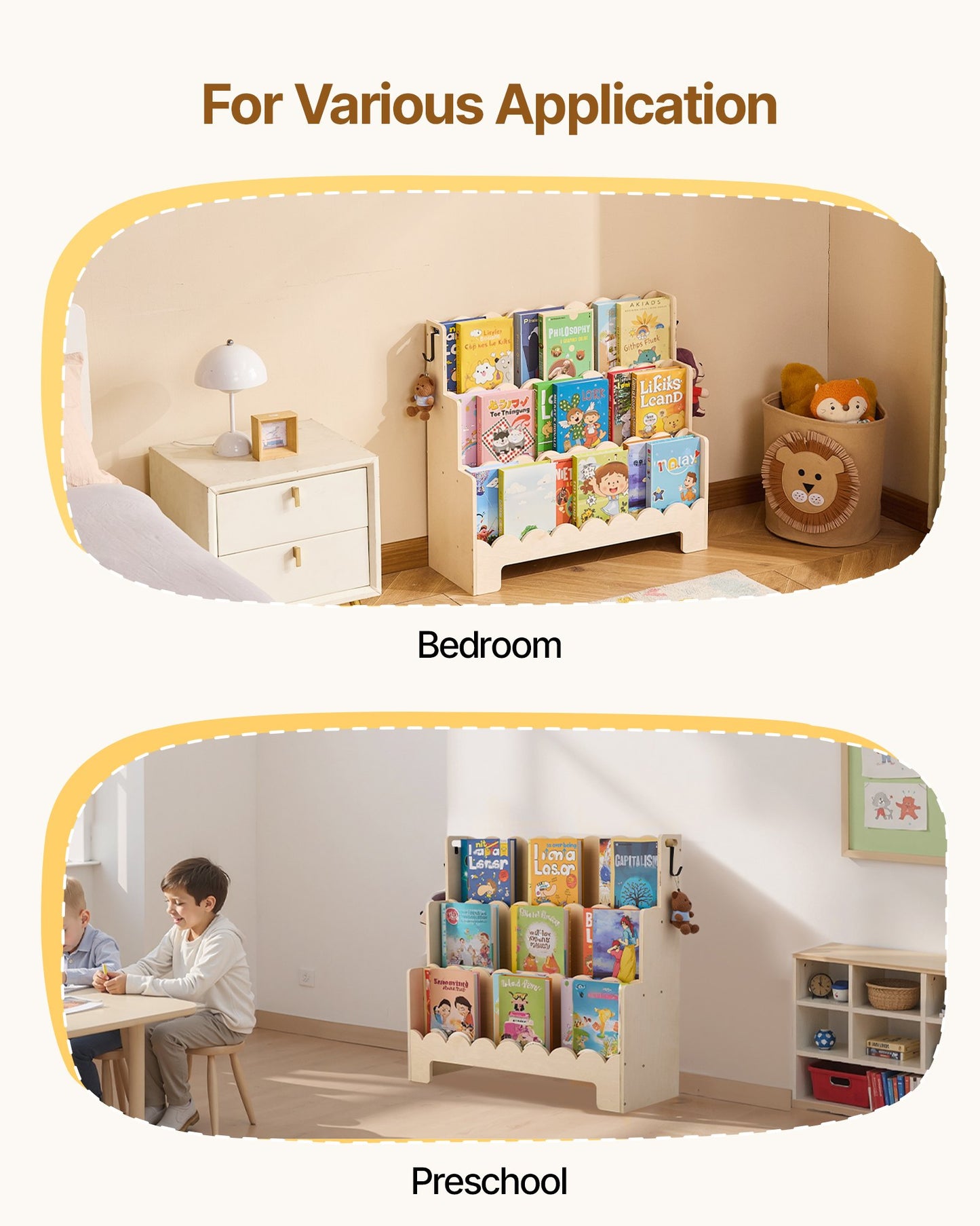 Montessori Bookshelf, 3-Tier Scalloped Kids Bookshelf, Front Facing Toddler Bookcase, Dual Hooks for Hanging Backpacks, Baby Bookshelf for Kids Room, Living Room, Entryway, Nursury, Preschool