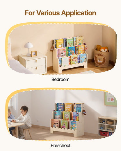 Montessori Bookshelf, 3-Tier Scalloped Kids Bookshelf, Front Facing Toddler Bookcase, Dual Hooks for Hanging Backpacks, Baby Bookshelf for Kids Room, Living Room, Entryway, Nursury, Preschool