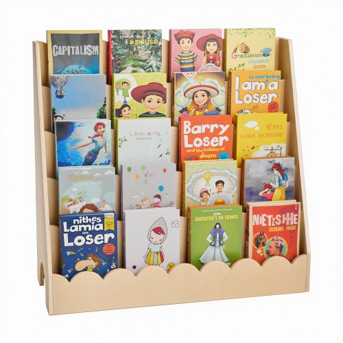 Montessori Bookshelf, 5-Tier Scalloped Kids Bookshelf, Front Facing Toddler Bookcase, Dual Hooks for Hanging Backpacks, Baby Bookshelf for Kids Room, Living Room, Entryway, Nursury, Preschool