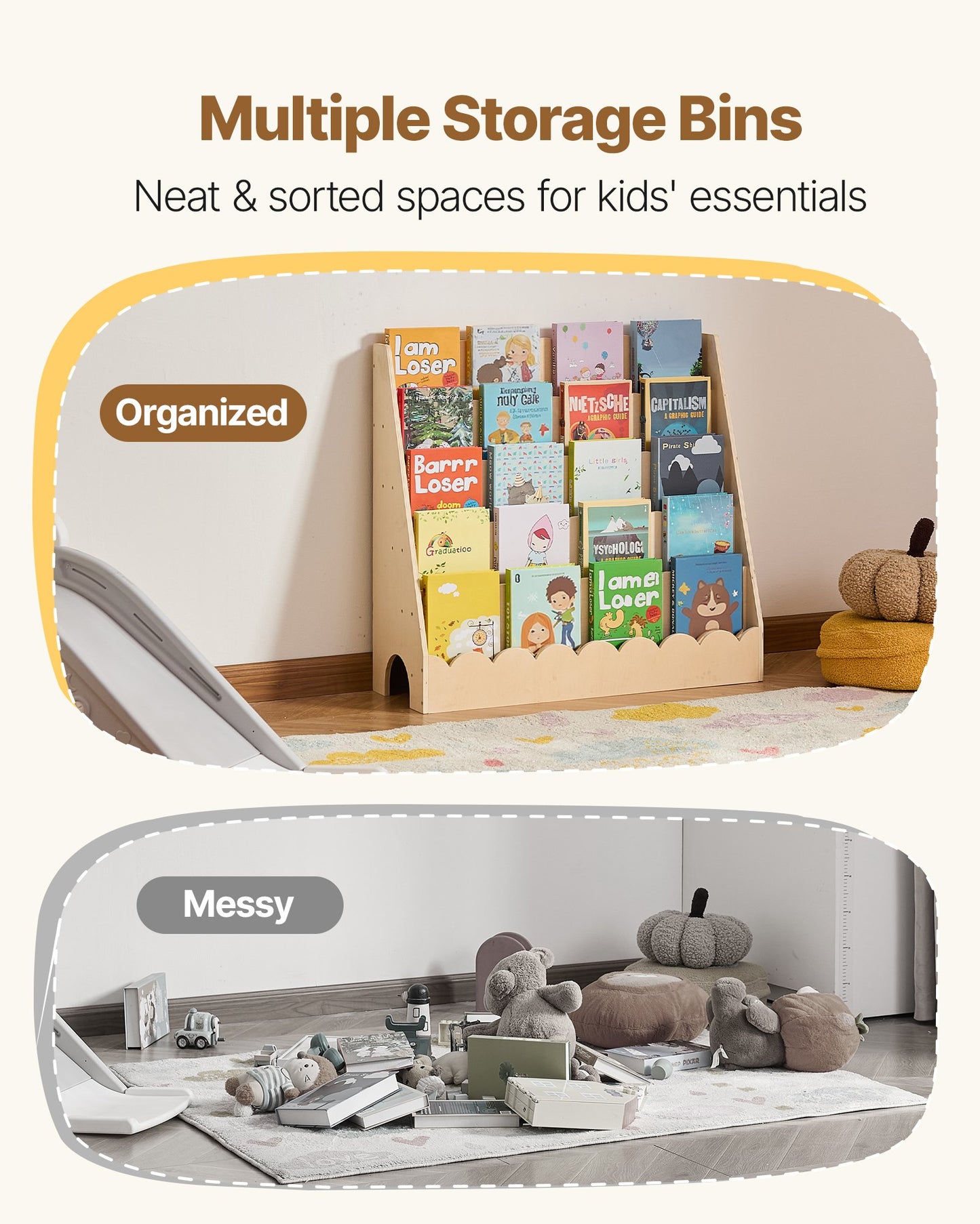 Montessori Bookshelf, 5-Tier Scalloped Kids Bookshelf, Front Facing Toddler Bookcase, Dual Hooks for Hanging Backpacks, Baby Bookshelf for Kids Room, Living Room, Entryway, Nursury, Preschool