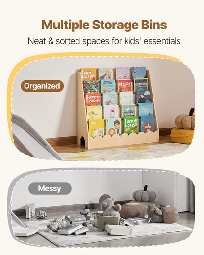 Montessori Bookshelf, 5-Tier Scalloped Kids Bookshelf, Front Facing Toddler Bookcase, Dual Hooks for Hanging Backpacks, Baby Bookshelf for Kids Room, Living Room, Entryway, Nursury, Preschool