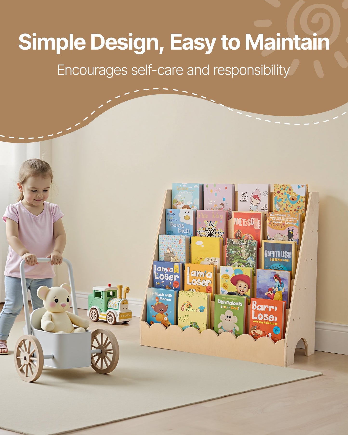 Montessori Bookshelf, 5-Tier Scalloped Kids Bookshelf, Front Facing Toddler Bookcase, Dual Hooks for Hanging Backpacks, Baby Bookshelf for Kids Room, Living Room, Entryway, Nursury, Preschool