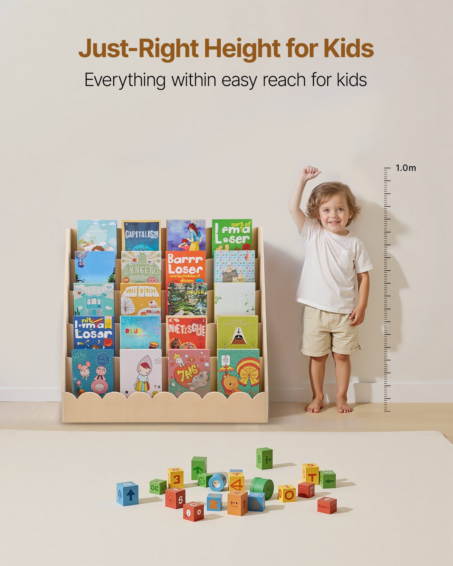 Montessori Bookshelf, 5-Tier Scalloped Kids Bookshelf, Front Facing Toddler Bookcase, Dual Hooks for Hanging Backpacks, Baby Bookshelf for Kids Room, Living Room, Entryway, Nursury, Preschool