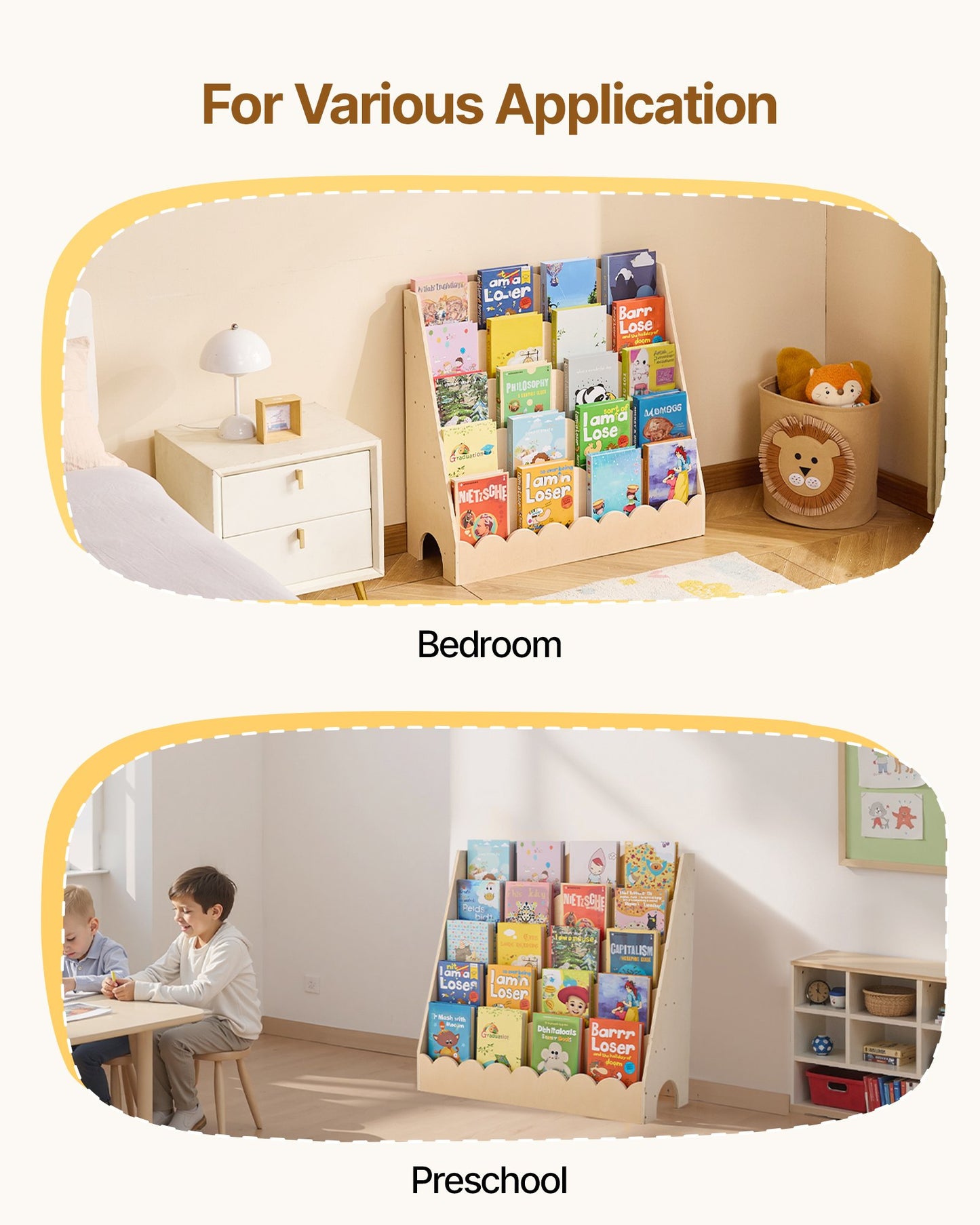 Montessori Bookshelf, 5-Tier Scalloped Kids Bookshelf, Front Facing Toddler Bookcase, Dual Hooks for Hanging Backpacks, Baby Bookshelf for Kids Room, Living Room, Entryway, Nursury, Preschool