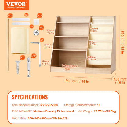 4-Tier Kids Wooden Bookshelf, Six-Layer Sling Bookcase, Baby Storage Book Rack, Book Toy Organizer Cabinet, for Kids Room, Playroom, Kindergarten, Nursery