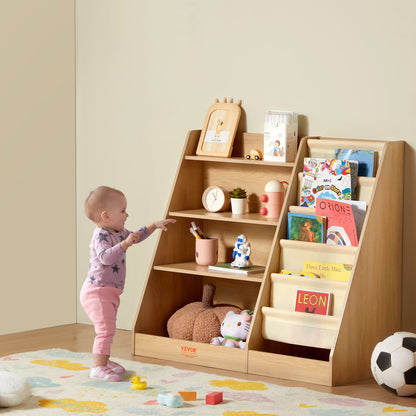 4-Tier Kids Wooden Bookshelf, Six-Layer Sling Bookcase, Baby Storage Book Rack, Book Toy Organizer Cabinet, for Kids Room, Playroom, Kindergarten, Nursery