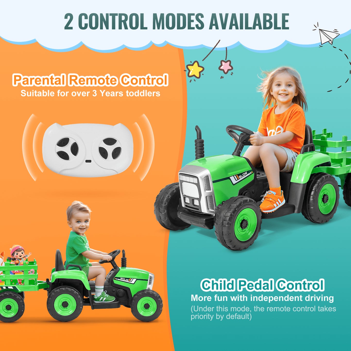 Kids Ride on Tractor 12V Electric Toy Tractor with Trailer Remote Control