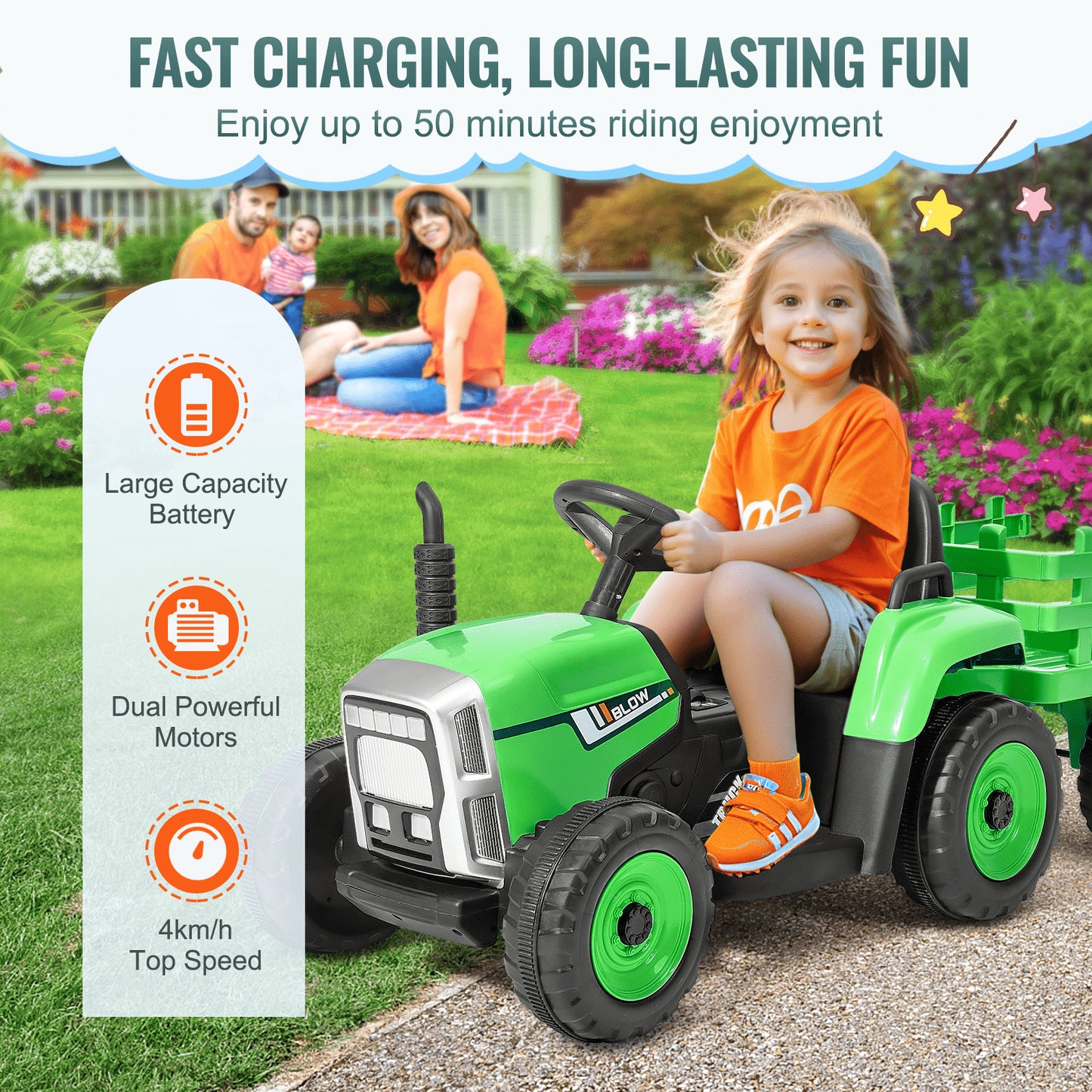 Kids Ride on Tractor 12V Electric Toy Tractor with Trailer Remote Control