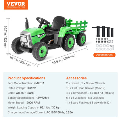 Kids Ride on Tractor 12V Electric Toy Tractor with Trailer Remote Control