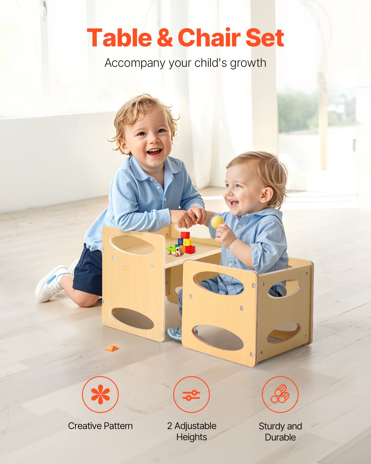 Montessori Weaning Table and Chair Set, Wooden Toddler Table and Chair Set for Aged 1-5, Adjustable Height Kids Montessori Chair and Activity Table, Ideal for Reading, Eating, Playing - Natural