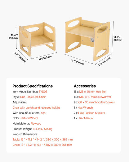 Montessori Weaning Table and Chair Set, Wooden Toddler Table and Chair Set for Aged 1-5, Adjustable Height Kids Montessori Chair and Activity Table, Ideal for Reading, Eating, Playing - Natural