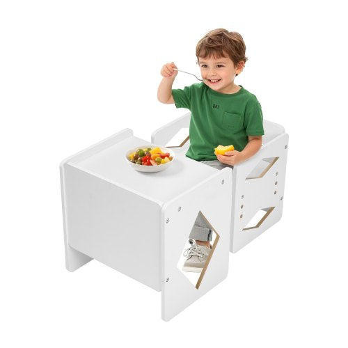 Montessori Weaning Table and Chair Set, Wooden Toddler Table and Chair Set for Aged 1-5, Adjustable Height Kids Montessori Chair and Activity Table, Ideal for Reading, Eating, Playing - White