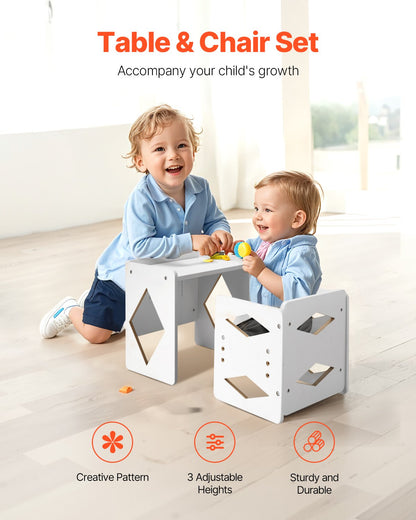 Montessori Weaning Table and Chair Set, Wooden Toddler Table and Chair Set for Aged 1-5, Adjustable Height Kids Montessori Chair and Activity Table, Ideal for Reading, Eating, Playing - White