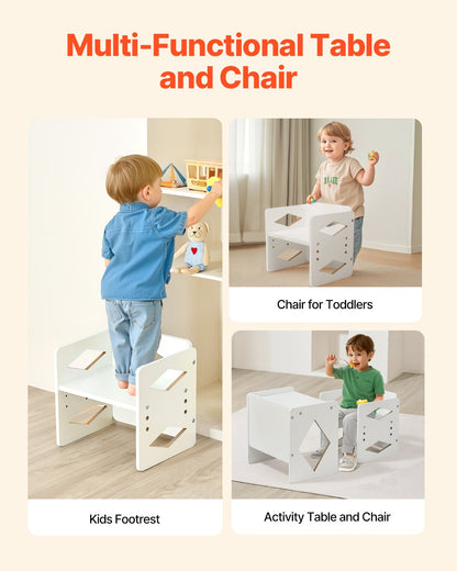 Montessori Weaning Table and Chair Set, Wooden Toddler Table and Chair Set for Aged 1-5, Adjustable Height Kids Montessori Chair and Activity Table, Ideal for Reading, Eating, Playing - White