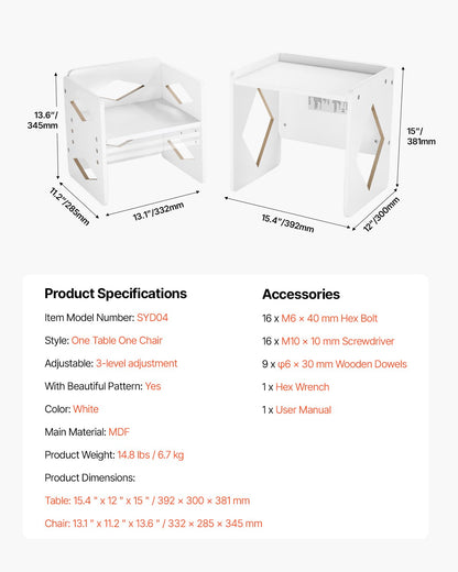 Montessori Weaning Table and Chair Set, Wooden Toddler Table and Chair Set for Aged 1-5, Adjustable Height Kids Montessori Chair and Activity Table, Ideal for Reading, Eating, Playing - White