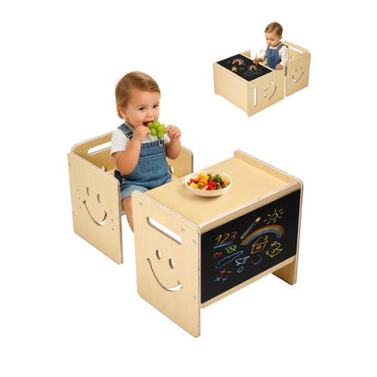 Montessori Weaning Table and Chair Set, 3 In 1 Wooden Toddler Table and Chairs with Chalkboard, Adjustable Height Montessori Table for Ages 1-5, Ideal for Drawing, Reading, Eating - Natural