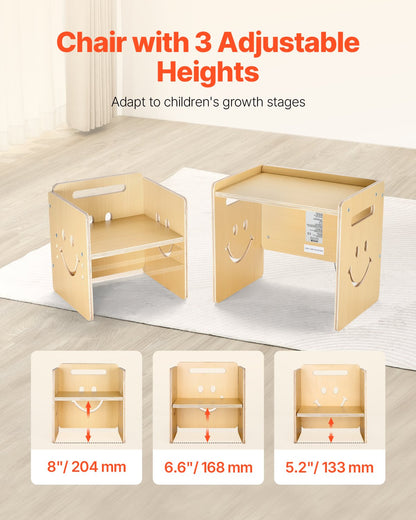 Montessori Weaning Table and Chair Set, 3 In 1 Wooden Toddler Table and Chairs with Chalkboard, Adjustable Height Montessori Table for Ages 1-5, Ideal for Drawing, Reading, Eating - Natural