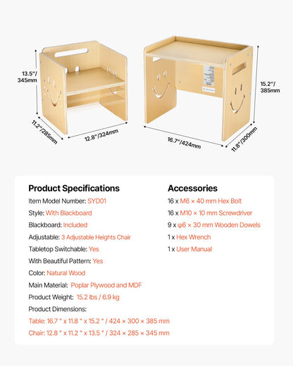 Montessori Weaning Table and Chair Set, 3 In 1 Wooden Toddler Table and Chairs with Chalkboard, Adjustable Height Montessori Table for Ages 1-5, Ideal for Drawing, Reading, Eating - Natural
