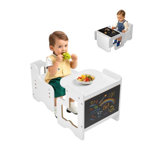 Montessori Weaning Table and Chair Set, 3 In 1 Wooden Toddler Table and Chairs with Chalkboard, Adjustable Height Montessori Table for Ages 1-5, Ideal for Drawing, Reading, Eating - White