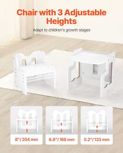 Montessori Weaning Table and Chair Set, 3 In 1 Wooden Toddler Table and Chairs with Chalkboard, Adjustable Height Montessori Table for Ages 1-5, Ideal for Drawing, Reading, Eating - White