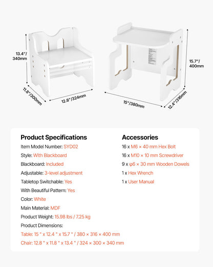 Montessori Weaning Table and Chair Set, 3 In 1 Wooden Toddler Table and Chairs with Chalkboard, Adjustable Height Montessori Table for Ages 1-5, Ideal for Drawing, Reading, Eating - White