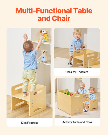 Montessori Weaning Table and Chair Set, Wooden Toddler Table and Chair Set with 2 Chairs, Adjustable Height Montessori Chair and Activity Table, Ideal for Reading, Eating, Playing - Natural
