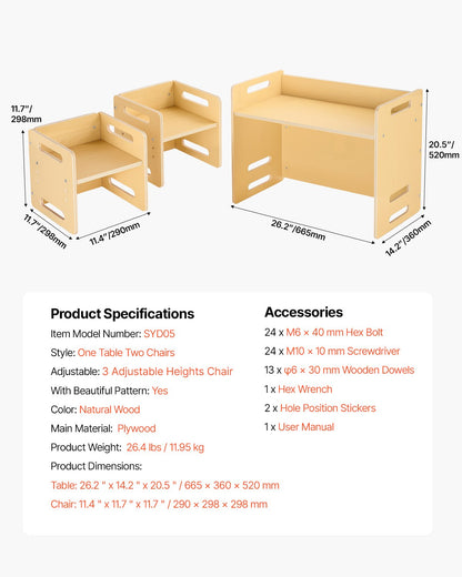 Montessori Weaning Table and Chair Set, Wooden Toddler Table and Chair Set with 2 Chairs, Adjustable Height Montessori Chair and Activity Table, Ideal for Reading, Eating, Playing - Natural