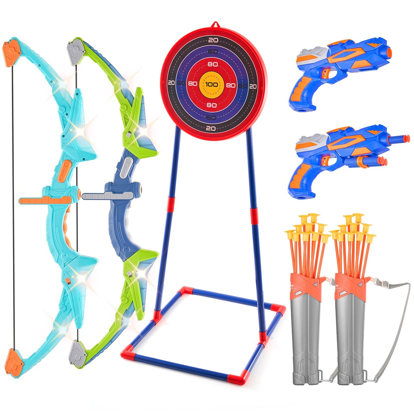 Bogenschießset für Kinder, LED-Beleuchtung, 2er-Pack, 20 Pfeile, 2 Pistolen