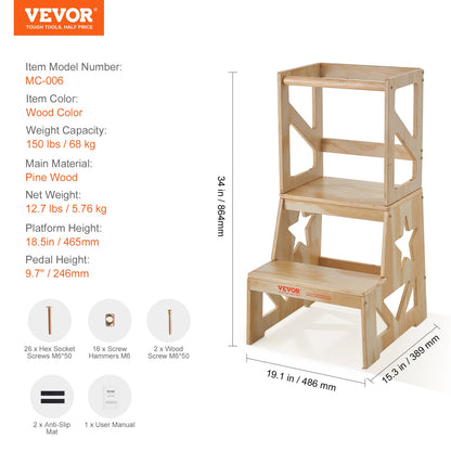 Tritthocker für Kleinkinder, Küchenhocker aus natürlichem Kiefernholz für Kleinkinder mit Sicherheitsgeländer, 68 kg Tragkraft, Stehturm-Lernhocker für Schlafzimmer, Badezimmer, Küchentheke