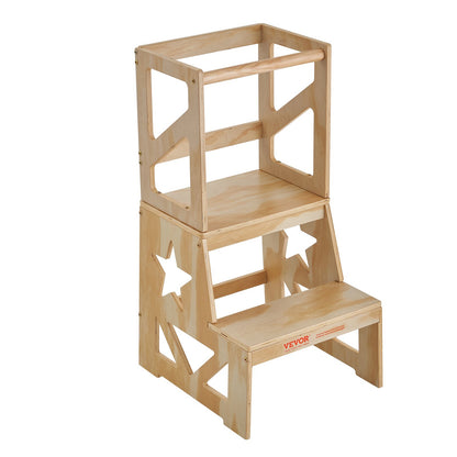 Tritthocker für Kleinkinder, Küchenhocker aus natürlichem Kiefernholz für Kleinkinder mit Sicherheitsgeländer, 68 kg Tragkraft, Stehturm-Lernhocker für Schlafzimmer, Badezimmer, Küchentheke