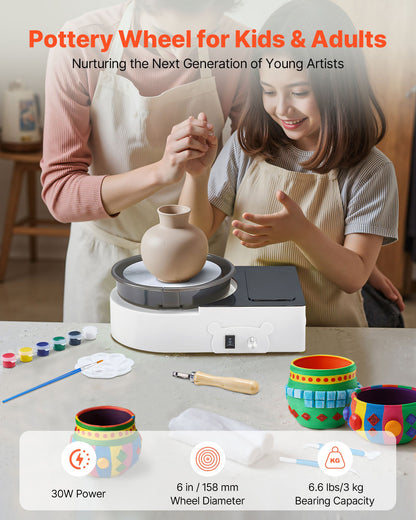 Mini Pottery Wheel, 6 inch Turntable, Forward and Reverse Rotation, Adjustable Speed, Electric Clay Wheel for Kids and Adults, with Clay Shaping Tools, for Home DIY, Pottery Classes, White