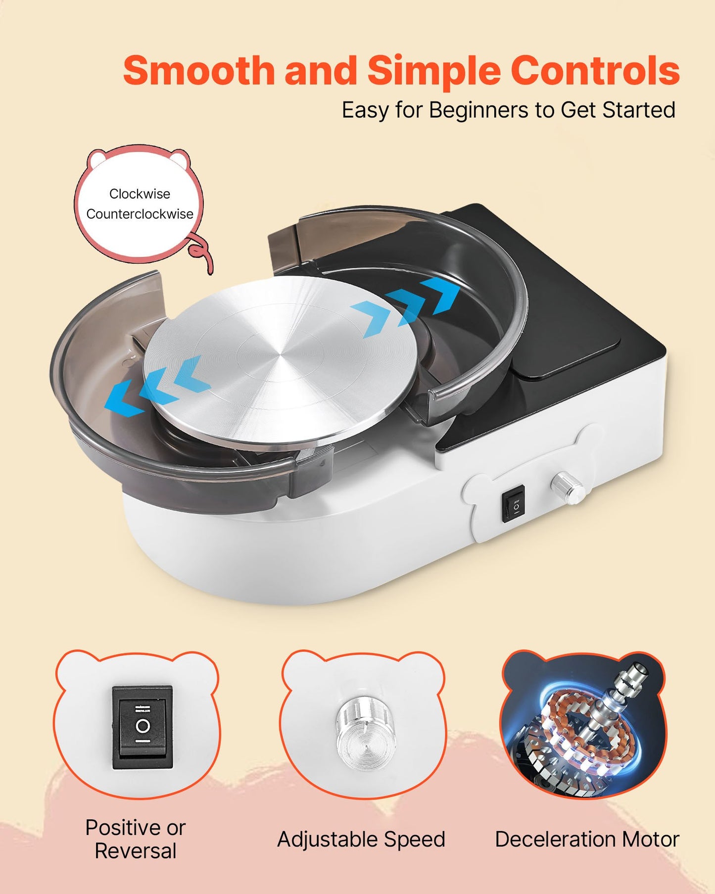 Mini Pottery Wheel, 6 inch Turntable, Forward and Reverse Rotation, Adjustable Speed, Electric Clay Wheel for Kids and Adults, with Clay Shaping Tools, for Home DIY, Pottery Classes, White