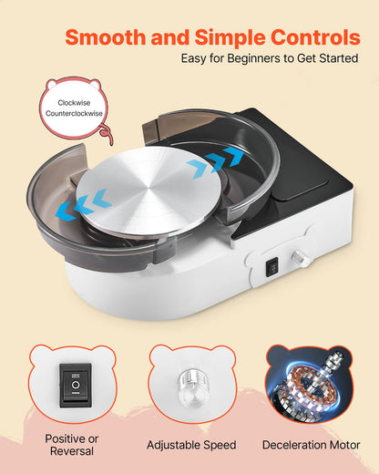 Mini Pottery Wheel, 6 inch Turntable, Forward and Reverse Rotation, Adjustable Speed, Electric Clay Wheel for Kids and Adults, with Clay Shaping Tools, for Home DIY, Pottery Classes, White