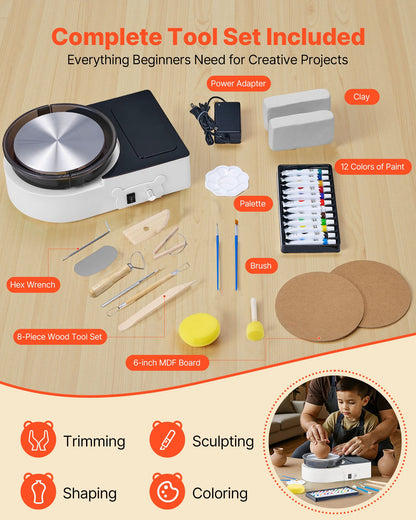 Mini Pottery Wheel, 6 inch Turntable, Forward and Reverse Rotation, Adjustable Speed, Electric Clay Wheel for Kids and Adults, with Clay Shaping Tools, for Home DIY, Pottery Classes, White