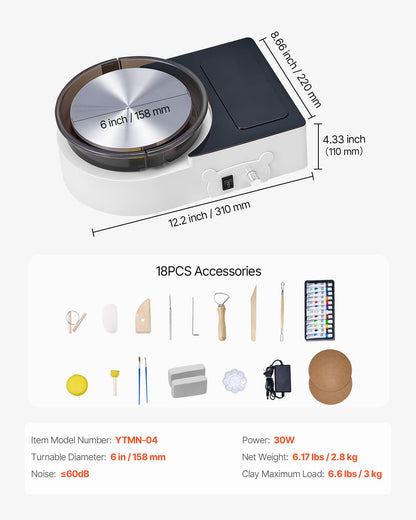 Mini Pottery Wheel, 6 inch Turntable, Forward and Reverse Rotation, Adjustable Speed, Electric Clay Wheel for Kids and Adults, with Clay Shaping Tools, for Home DIY, Pottery Classes, White